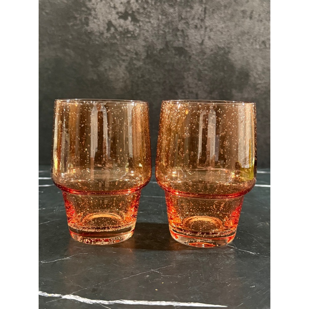 PAIR (2) of Pink Bubble Glass 4 3/8in Stackable Water Juice Glasses Tumblers